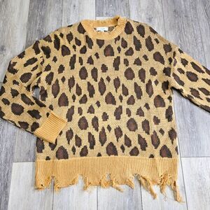 L love Leopard Print Distressed Frayed Oversized Crewneck Sweater Women's Small